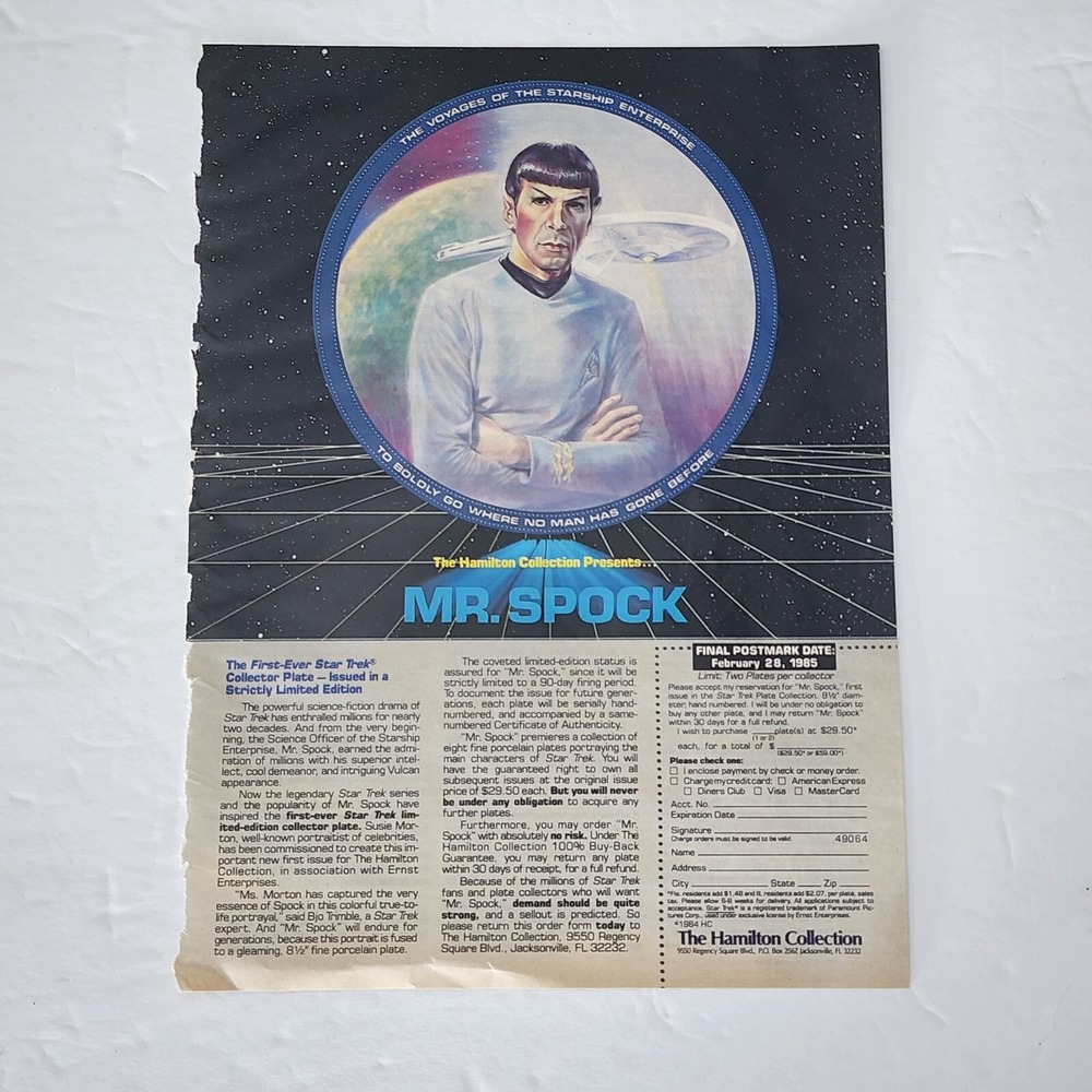 Vtg Print Ad Leonard Nimoy Mr. Spock Star Trek Hamilton Collection clipping 1985